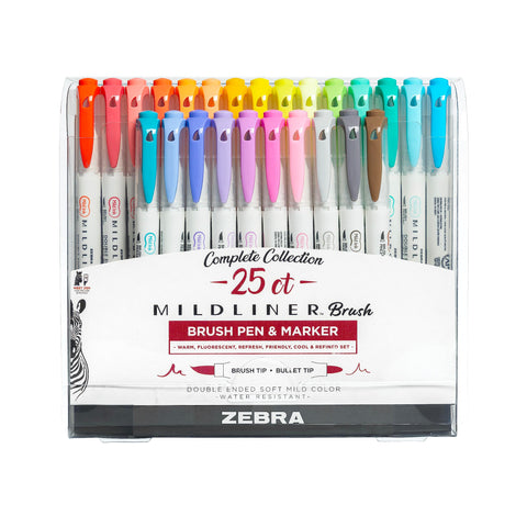 Zebra Pen, Mildliner Dual-Ended Brush Pens, 25 Assorted Colors, Soft Mild Ink, Brush and Fine Bullet Tips, No Bleed-Through Pigment Ink for Journaling, Calligraphy, Planners, Art, 25-Pack (79125)