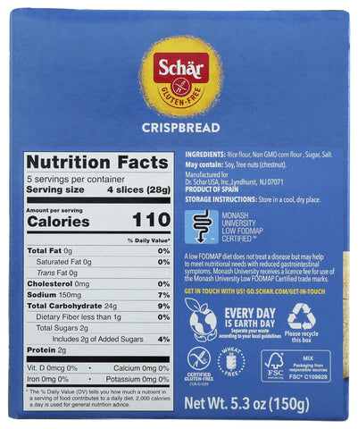Schar - Crispbread - Certified Gluten Free - No GMO's, Lactose, Fat, Cholesterol, Wheat or Preservatives - (5.3 oz)