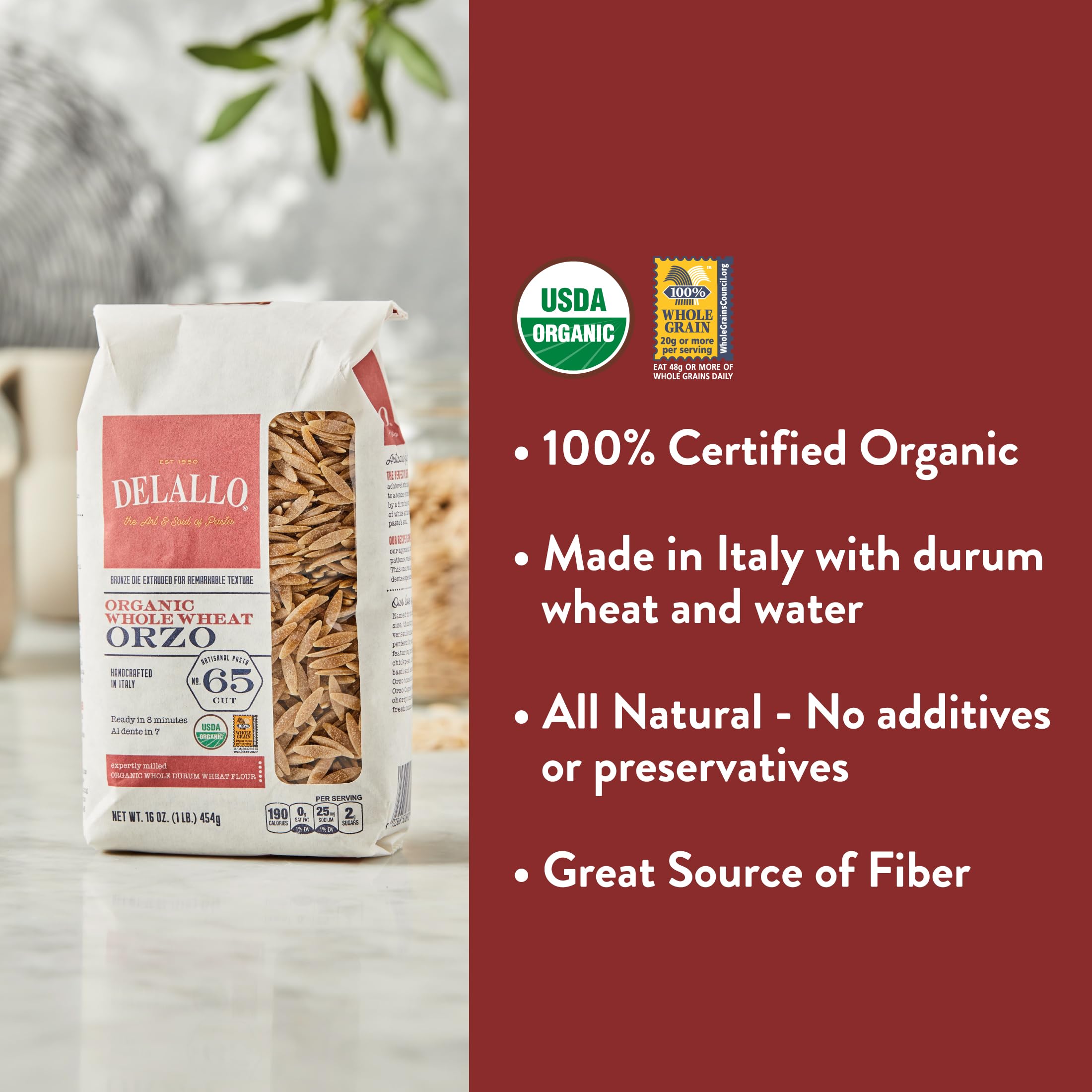 DeLallo Whole Wheat Orzo Pasta, 1 Pound Bag, 4 Pack, Organic, 100% Durum Wheat Flour, Made in Italy, High Protein