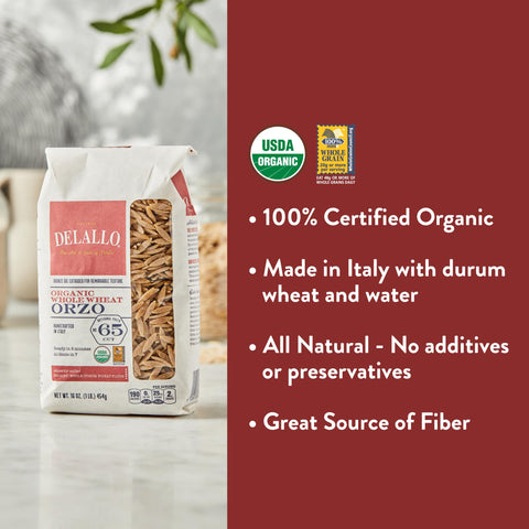 DeLallo Whole Wheat Orzo Pasta, 1 Pound Bag, 4 Pack, Organic, 100% Durum Wheat Flour, Made in Italy, High Protein