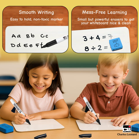 Charles Leonard Dry Erase Board Classroom Pack - Mini Lapboard School Supplies for Teachers, Students - Includes 30 each Erasable White Boards, 2 Inch Felt Erasers and Black Dry Erase Markers (35090)