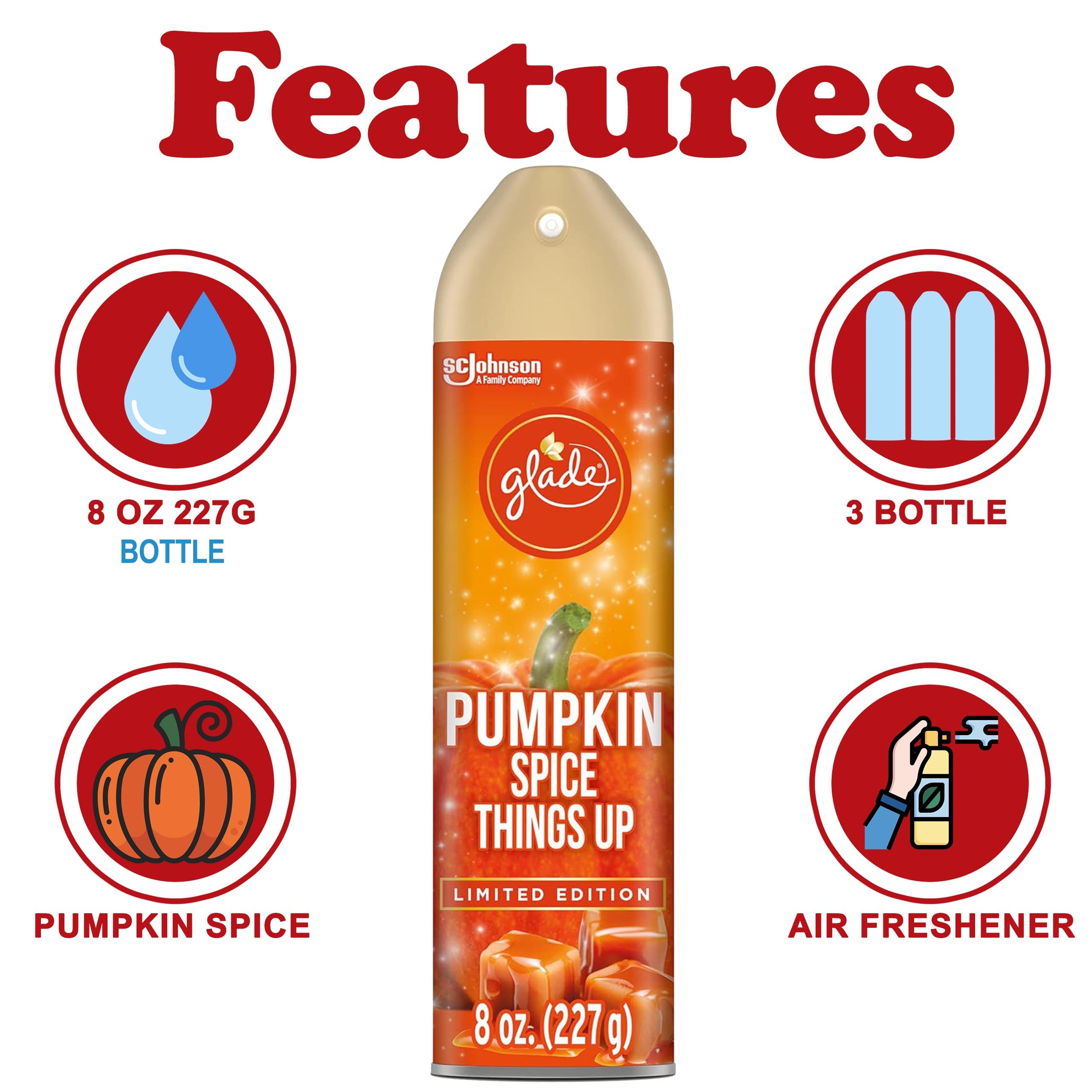Glade Air Freshener Spray, 3 Pack, Pumpkin Spice Things Up Fall Harvest Scent, Limited Edition Holiday Collection, Pumpkin Spice Thanksgiving Scented Spray for Home and Bathroom, 8 oz Each