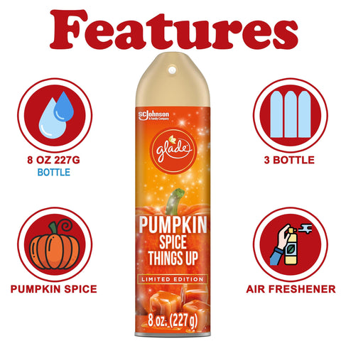Glade Air Freshener Spray, 3 Pack, Pumpkin Spice Things Up Fall Harvest Scent, Limited Edition Holiday Collection, Pumpkin Spice Thanksgiving Scented Spray for Home and Bathroom, 8 oz Each