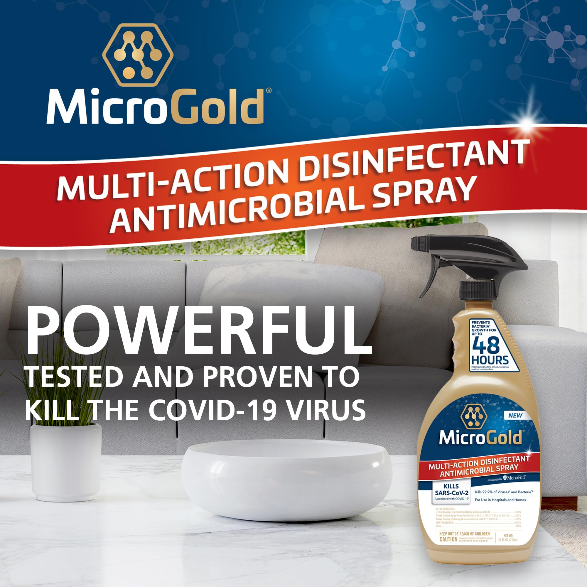 MicroGold Multi-Action Disinfectant Antimicrobial Spray Tested and Proven Effective to Kill the COVID-19 Virus, Kills 99.9% of Viruses and Bacteria, 24 Fluid Ounces, 1 Pack, Packaging May Vary