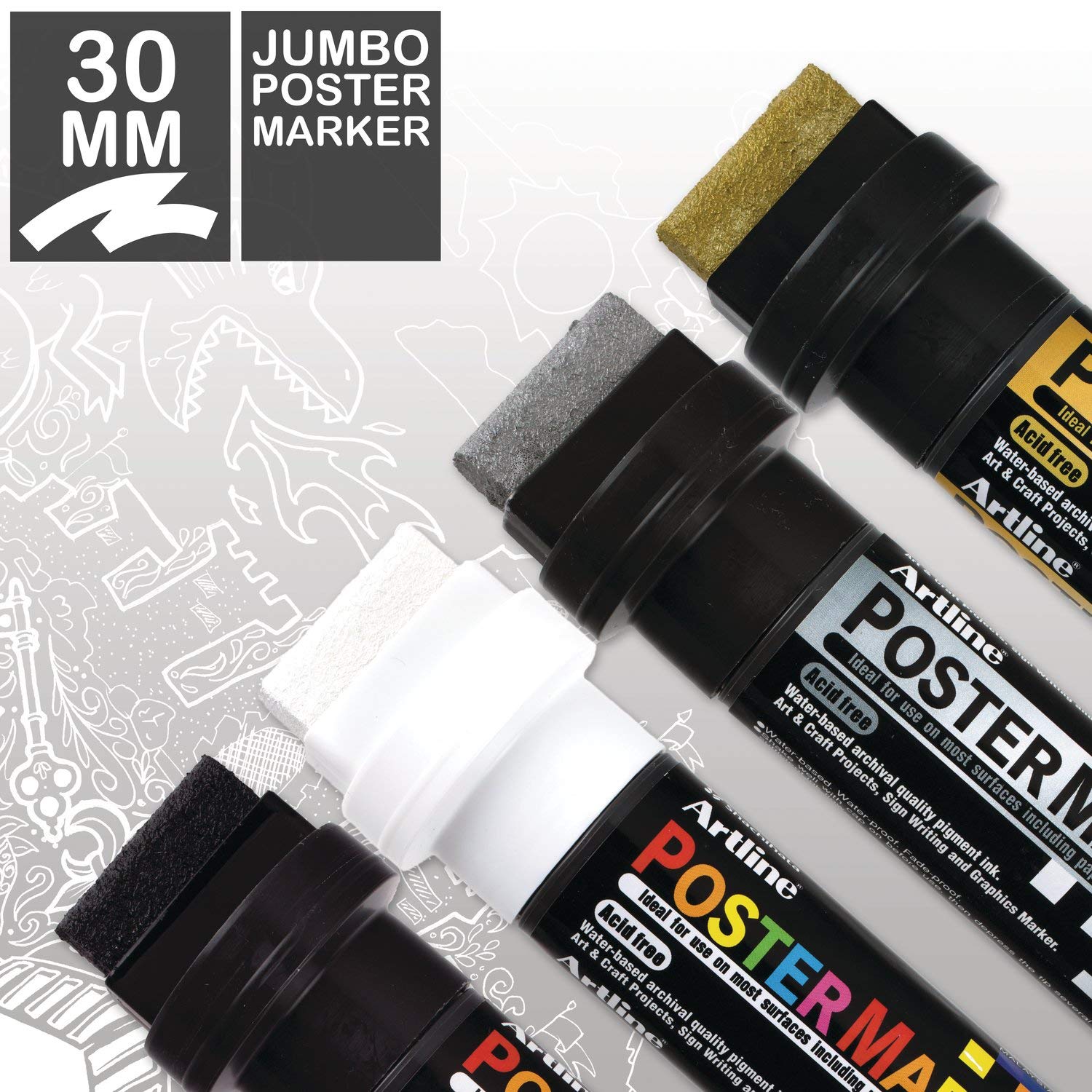 Artline Poster Markers, 30 mm Writing Width, Metallic Colors, 4 Pack (EPP-30-4W4)