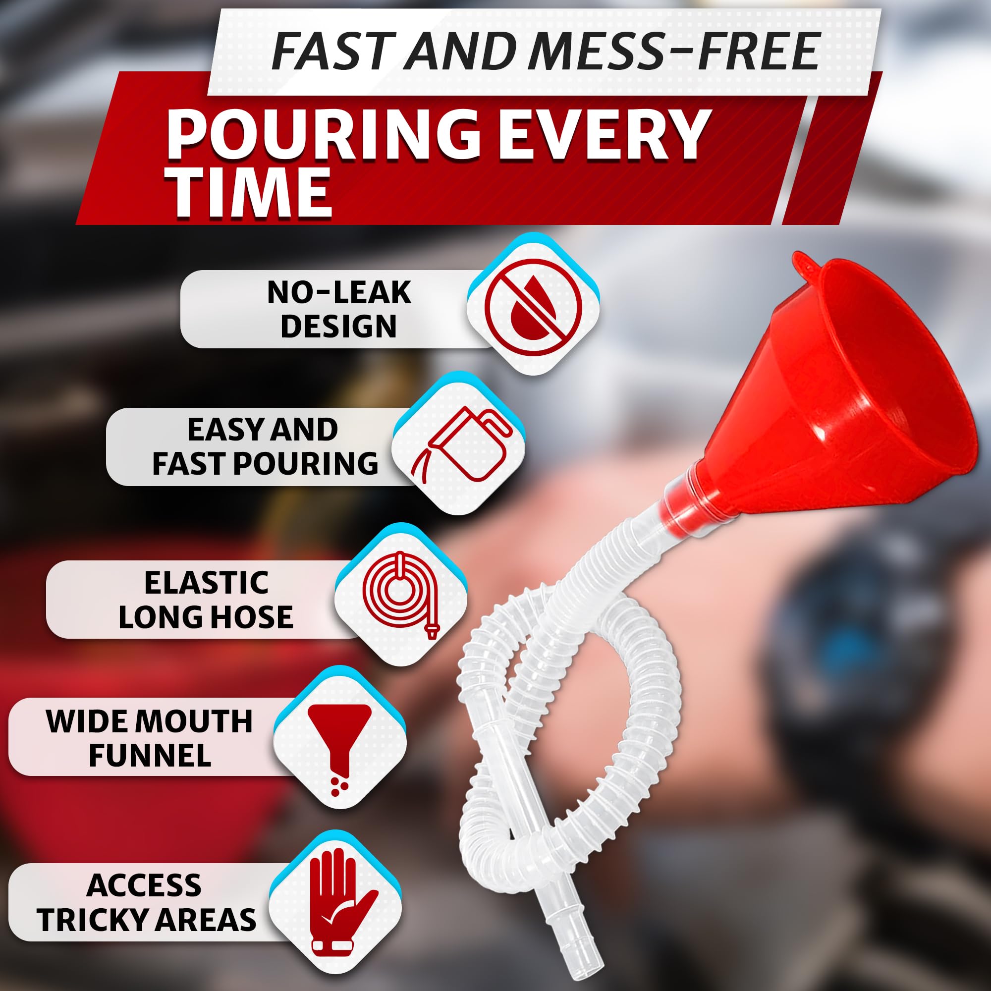 3'' Wide 23'' Long Funnel with Hose – Flexible, Reusable, No Leak Design Featuring Elastic Long Hose | Long Funnel for Transmission Fluid for Oil, Gas, Coolant, Automotive and Garage Applications
