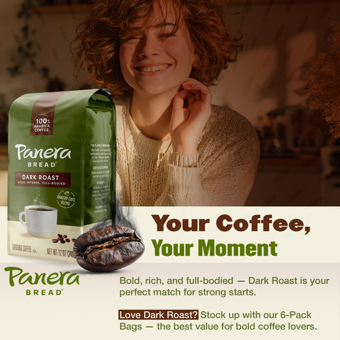 Panera Dark Roast Ground Coffee, - Bold Breakfast Brew with Dark Chocolate Finish - 100% Arabica Beans, Sustainably Sourced - Kosher, Dairy-Free - Cafe Quality for Home Brewing 12oz Bag