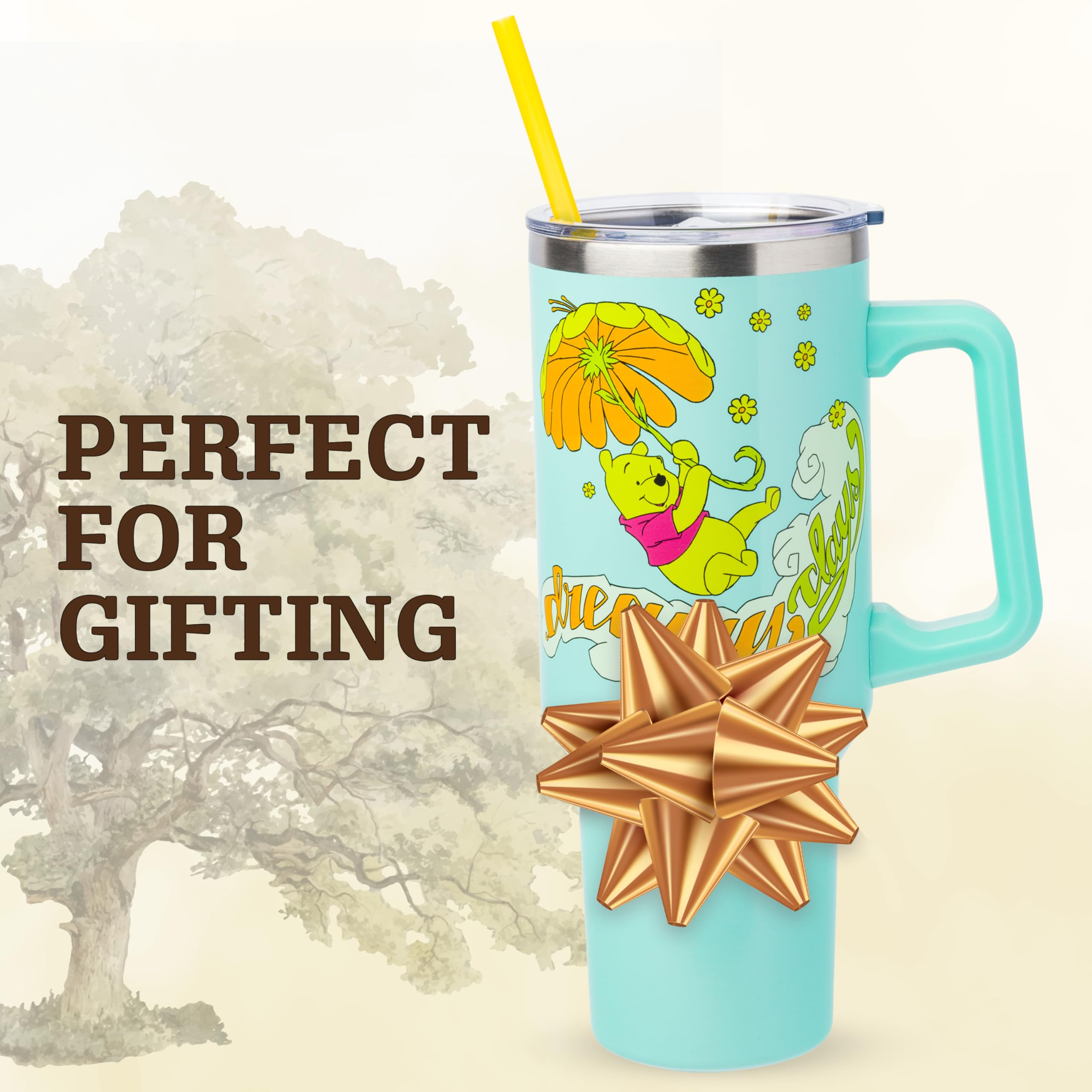 Silver Buffalo Disney Winnie the Pooh “Dreamy Days” Retro Art Double Walled Stainless Steel Tumbler with Handle and Straw, Fits in Standard Cup Holder, 40 Ounces