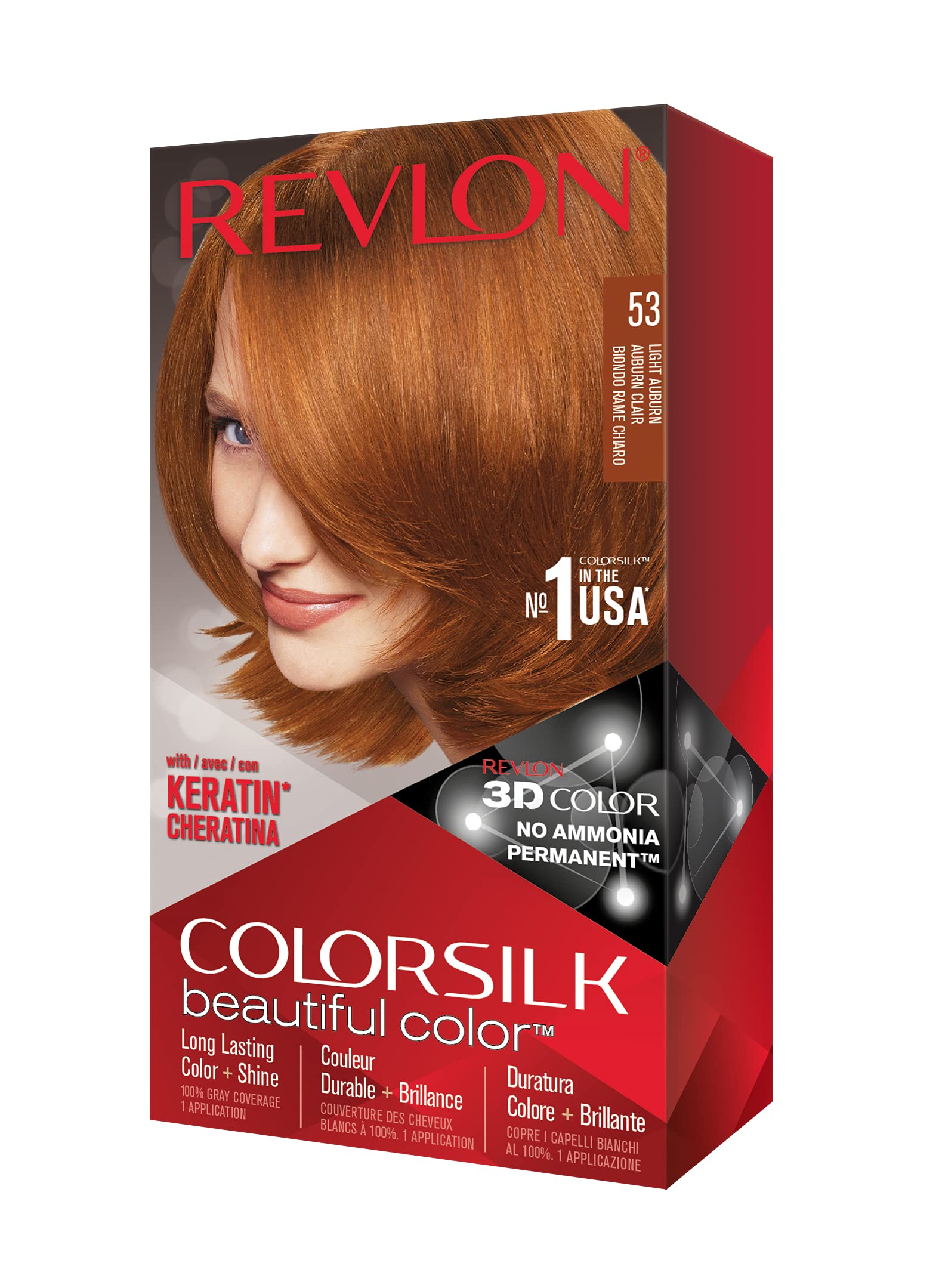 Revlon Colorsilk Beautiful Color, Permanent Hair Dye with Keratin, 100% Gray Coverage, Ammonia Free, 53 Light Auburn