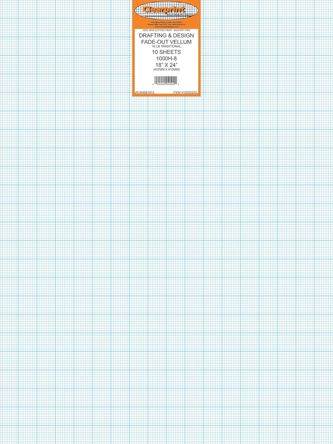 Clearprint 18" x 24" 1000H Design Vellum Sheets with Printed Fade-Out 8x8 Grid, 16 lb., 100% Cotton, 10 Sheets Per Pack, 1 Each