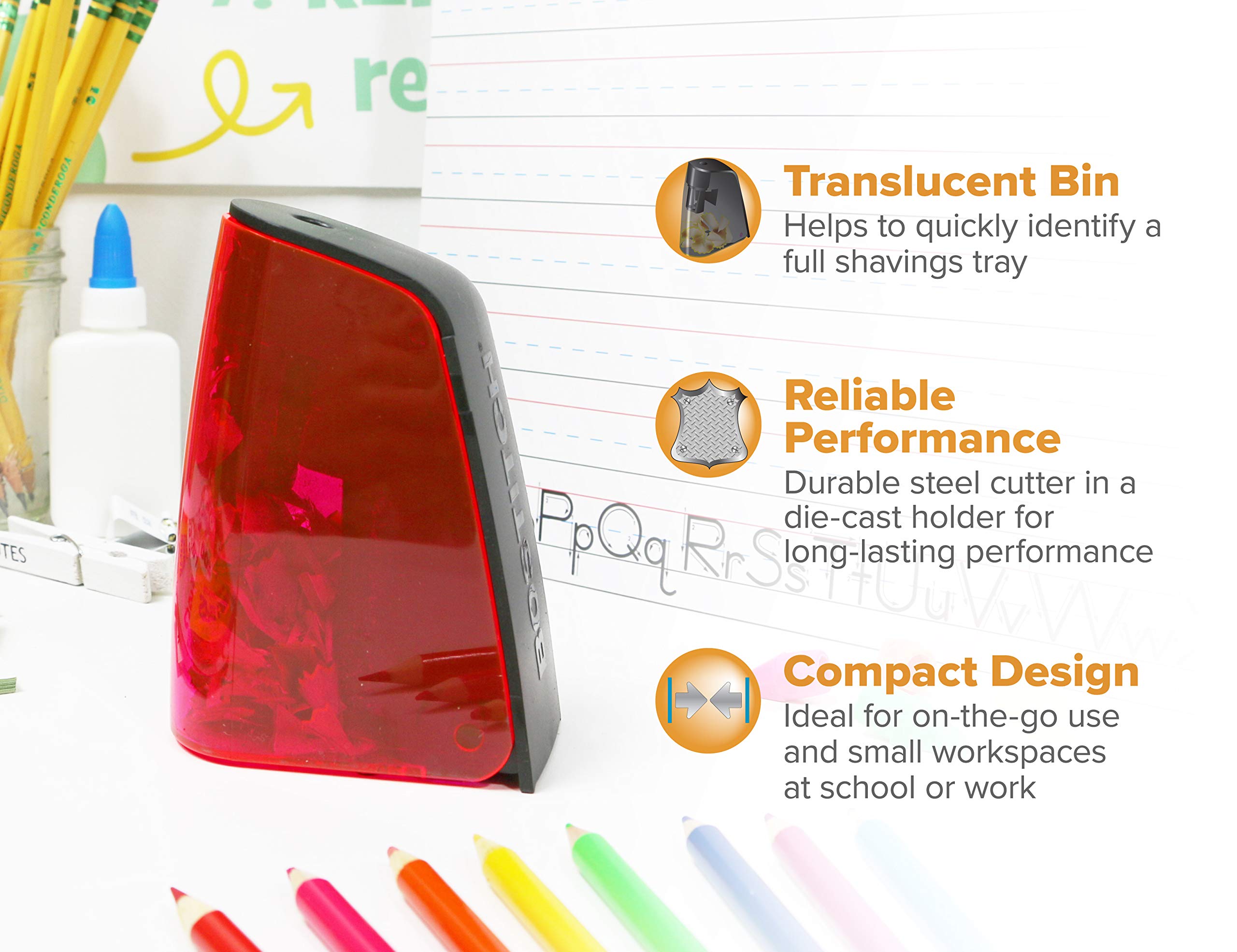 Bostitch Office Battery Powered Pencil Sharpener, Portable, Hinged Tray, Colored Pencil Compatible, Fits In Backpack & Most Pencil Cases, Red