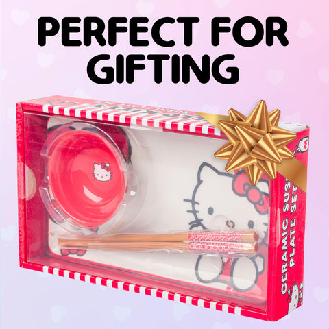 Silver Buffalo Sanrio Hello Kitty Red and White Bow Ceramic Sushi Set with Dipping Sauce Dish and Matching Chopsticks