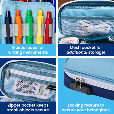 It's Academic Locking Pencil Case, for Office & School Supplies, Travel Organizer Bag, Compact, High Capacity, Light Weight, Blue (24371-BL)