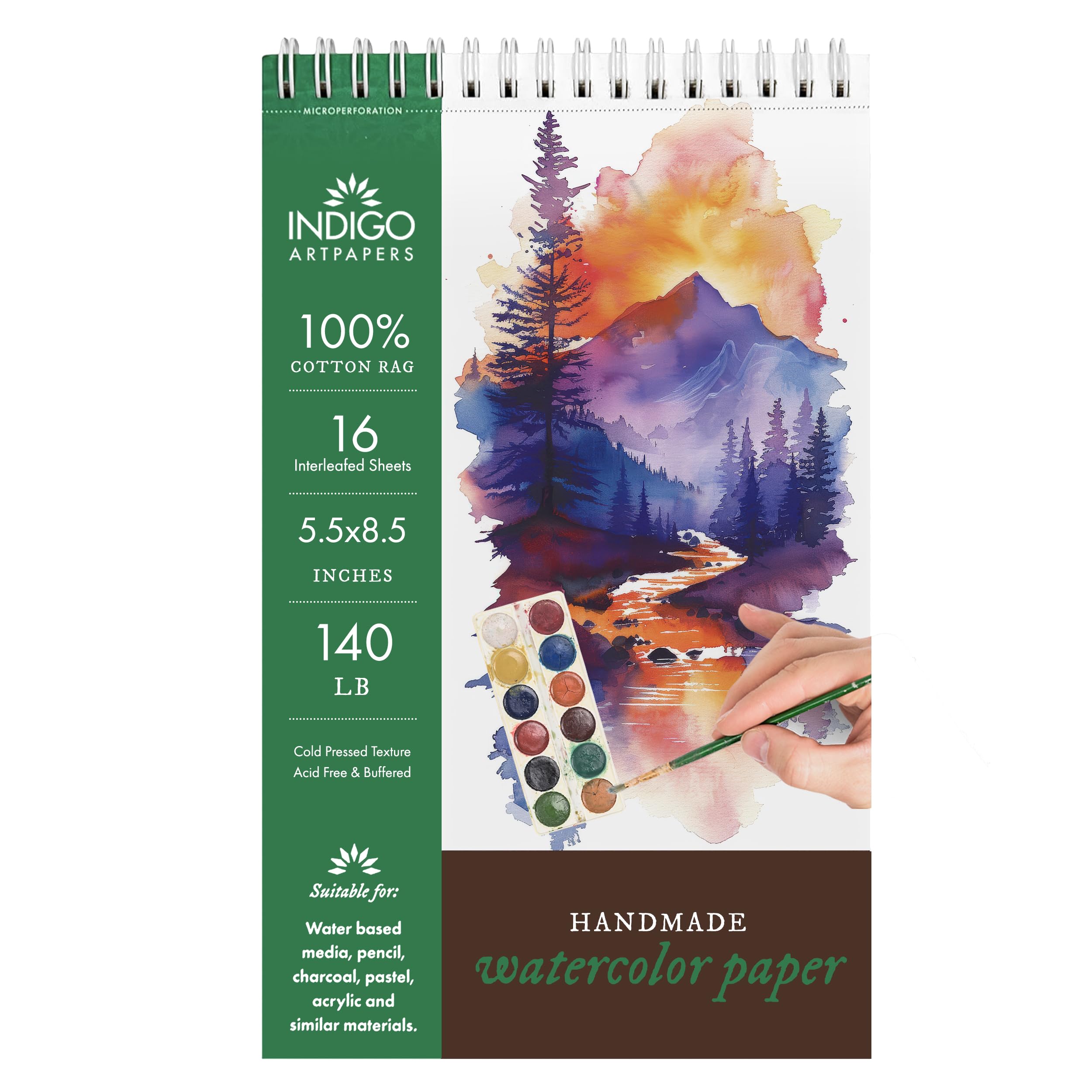 Indigo Artpapers Watercolor Paper Pad, 16 Sheets, 5.5x8.5 (140lb/300g) | Handmade 100% Cotton Rag, Cold Pressed Paint Paper, Acid-Free Water Color Paper Pad, Wirebound Watercolor Sketchbook Journal