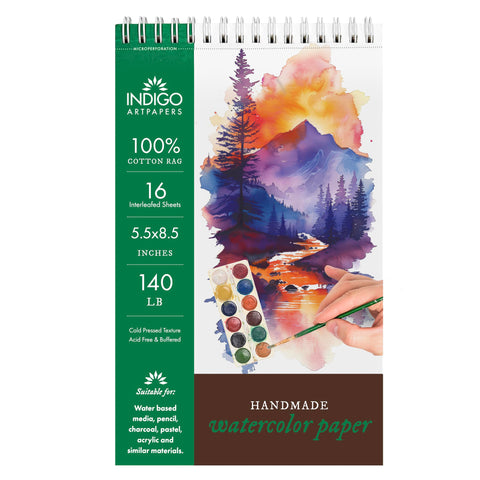 Indigo Artpapers Watercolor Paper Pad, 16 Sheets, 5.5x8.5 (140lb/300g) | Handmade 100% Cotton Rag, Cold Pressed Paint Paper, Acid-Free Water Color Paper Pad, Wirebound Watercolor Sketchbook Journal