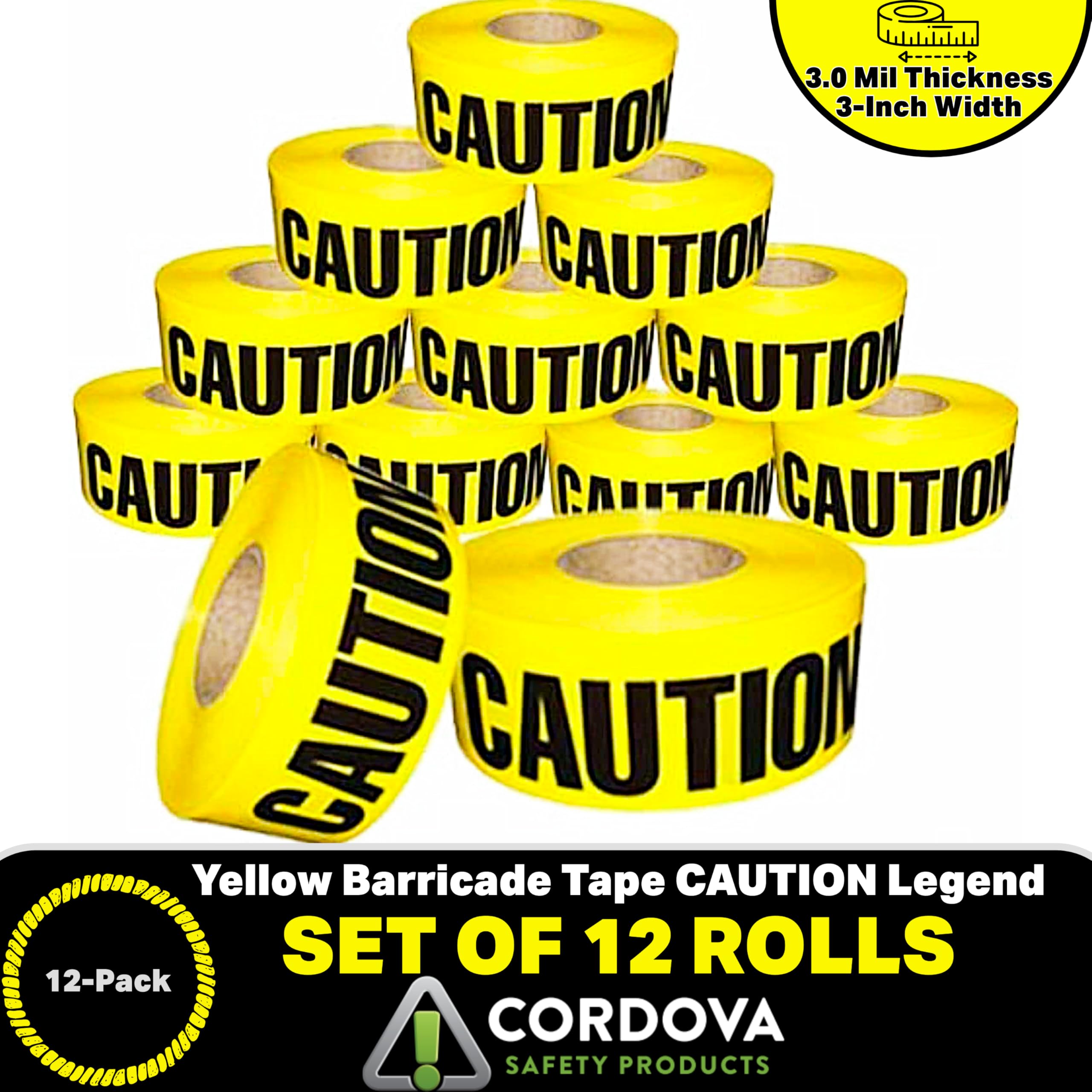 Cordova T30101 Bulk Pack 3.0-MIL Yellow Caution Barricade Tape, 3 in. x 1000 ft. Roll, 12-Pack