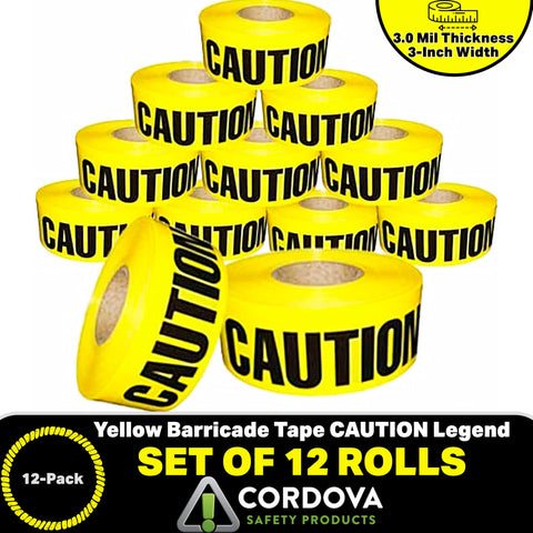Cordova T30101 Bulk Pack 3.0-MIL Yellow Caution Barricade Tape, 3 in. x 1000 ft. Roll, 12-Pack