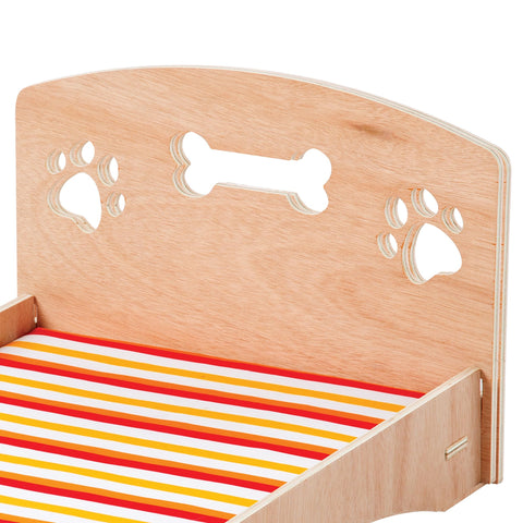 Etna Products Wooden Dog Bed Bone and Footprint Design with Removable Stripe Cushion, Small Pet Bed for Indoor/Outdoor Use 22" L x 16" W x 12" H