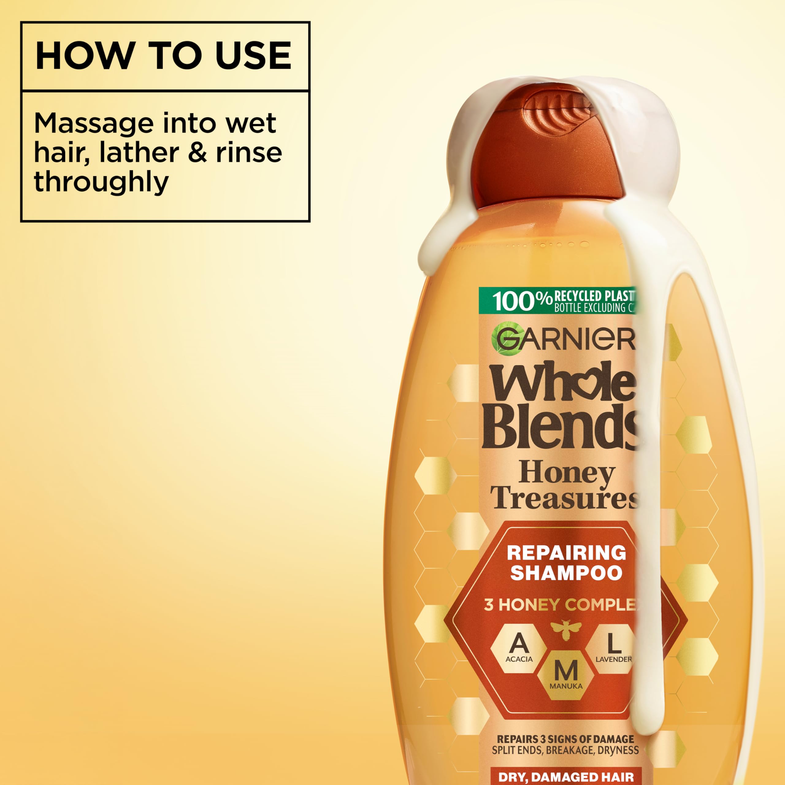 Garnier Whole Blends Honey Treasures Repairing Shampoo, for Dry, Damaged Hair, 3 Fl Oz (Travel Size), 1 Count (Packaging May Vary)