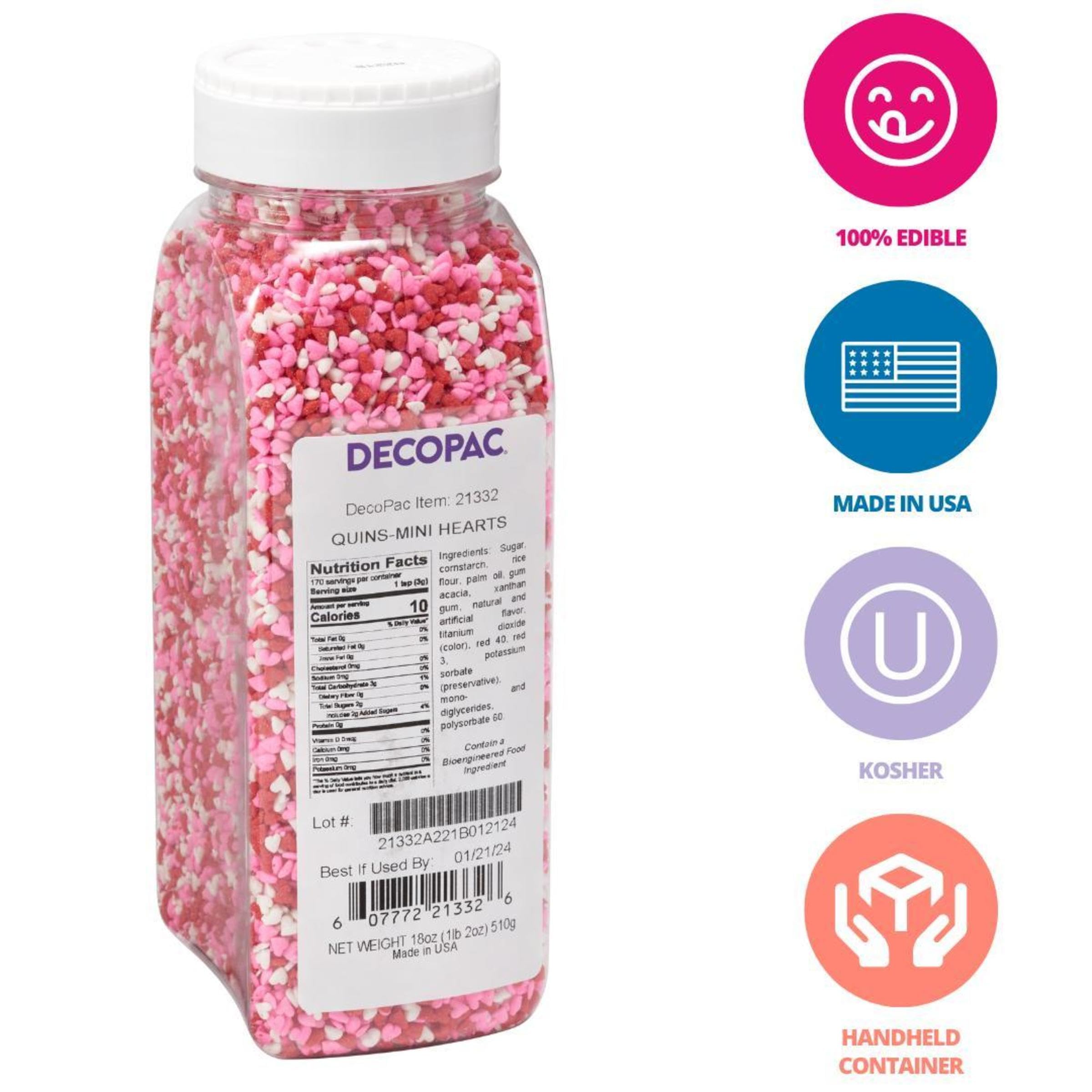 DECOPAC Valentine's Day Quins, 18oz, Fancy Sprinkles In Heart Shapes, Candy Sprinkles in Handheld Container, Edible Sprinkles For Celebration Cakes, Cupcakes, Cookies