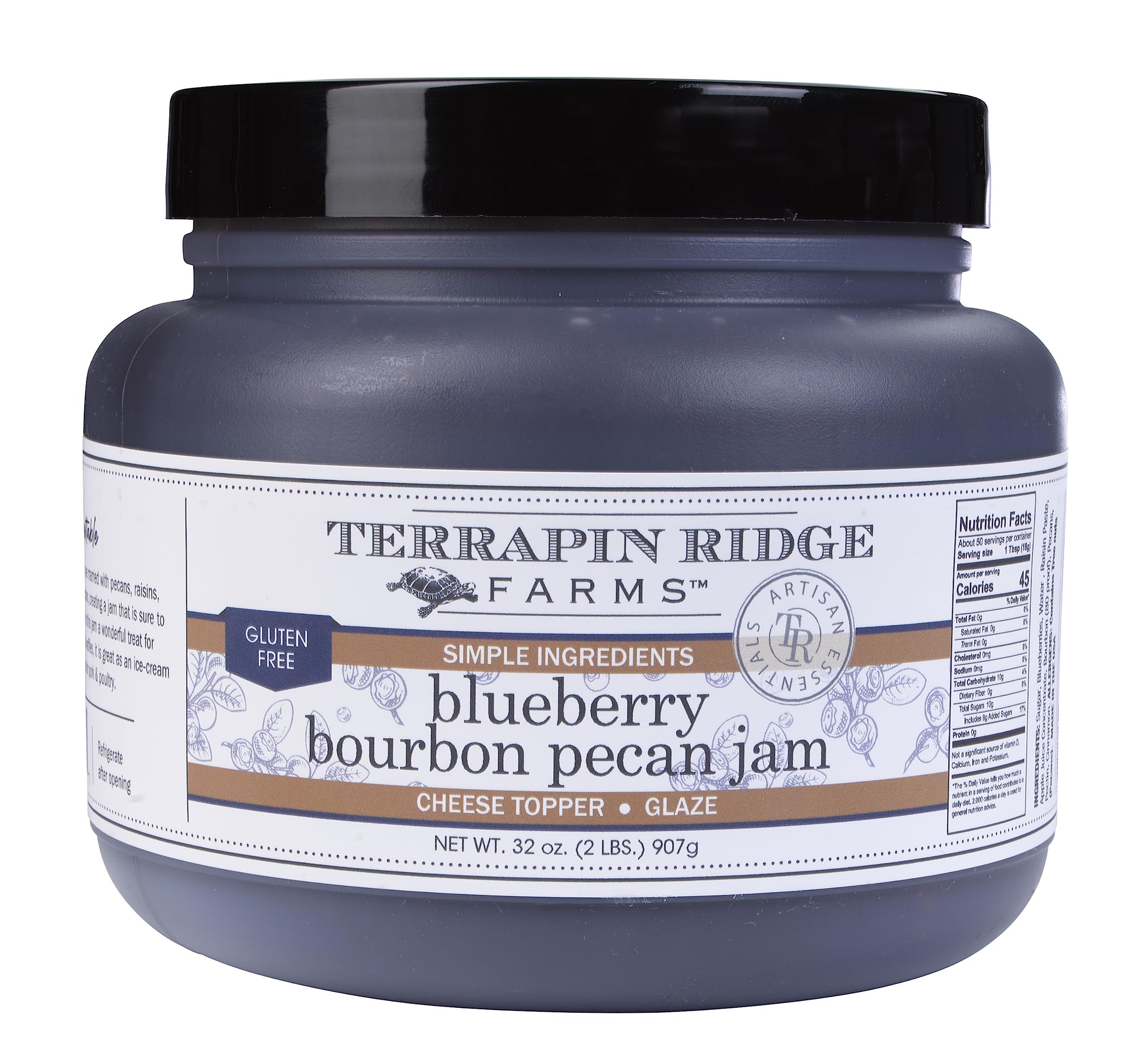 Terrapin Ridge Farms Blueberry Bourbon Pecan Jam - Sweet & Flavorful Jam with Blueberries, Pecans, Raisins, Cinnamon, and Bourbon - Perfect for Toast, Meats, and Desserts -1 Quart