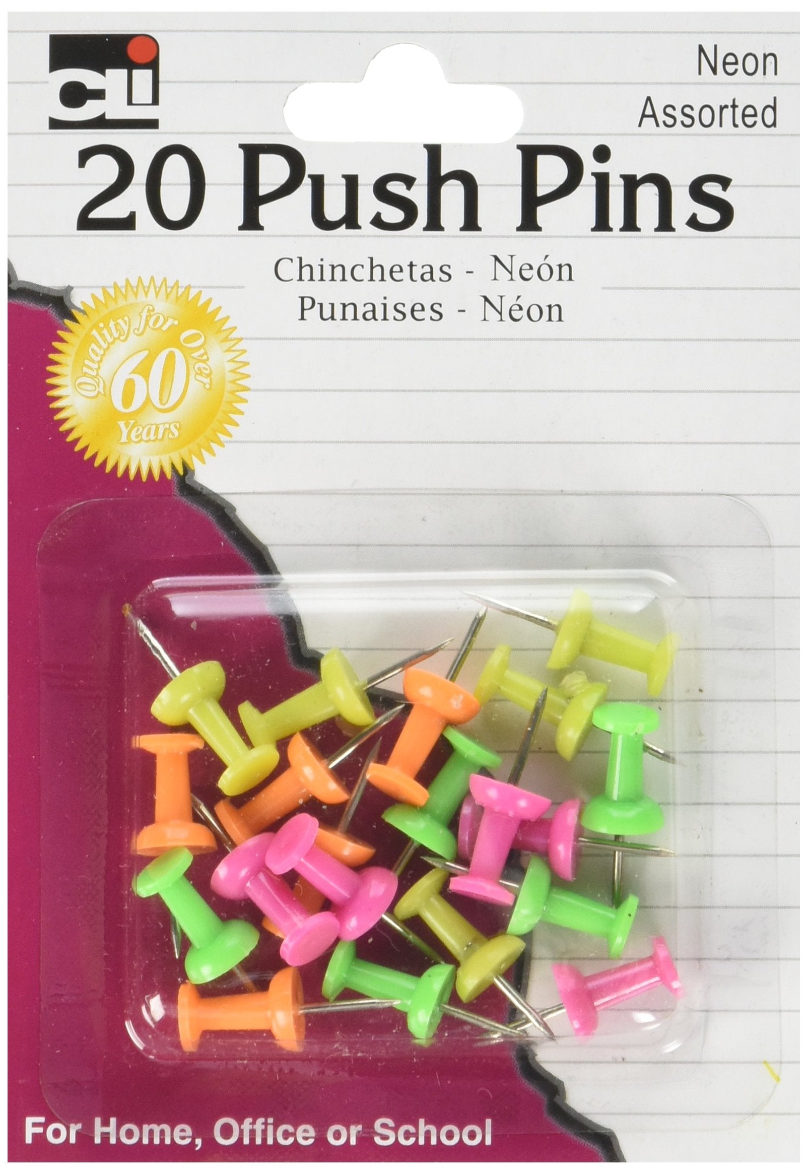 Charles Leonard Push Pins, Assorted Neons, 20-Pack (20205)