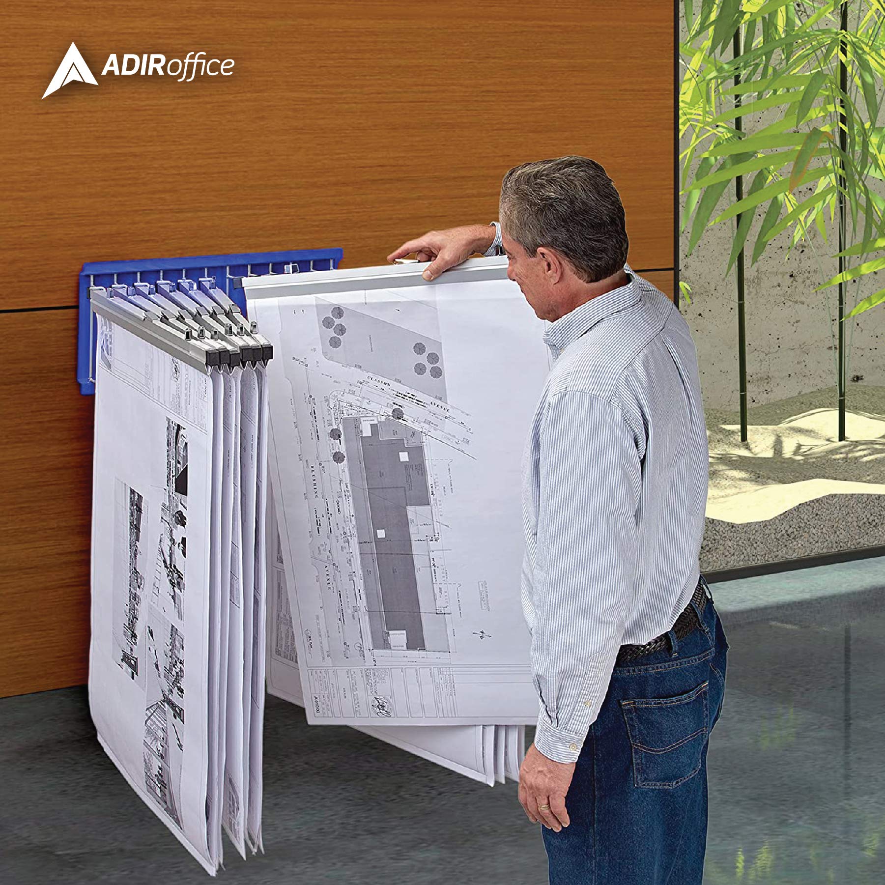 Adir Wall Mount Blueprint Rack - Blue Print Organizer, Poster Wall Mount Display, Map Storage Holder with 12 Pivot Brackets - Plan Rack for Office (Without Blueprint Clamps)
