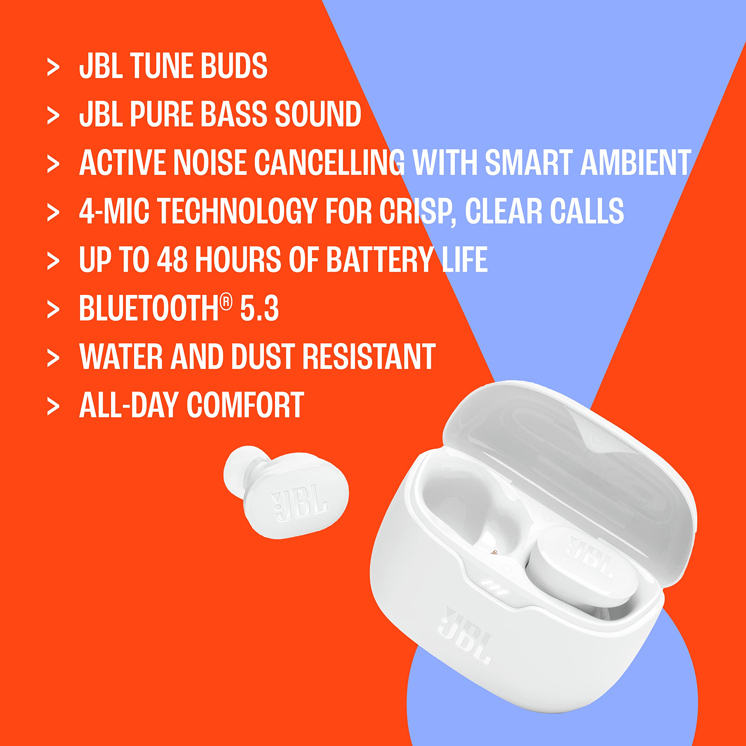 JBL Tune Buds - True wireless Noise Cancelling earbuds, JBL Pure Bass Sound, Bluetooth 5.3, 4-Mic technology for Crisp, Clear Calls, Up to 48 hours of battery life, Water and dust resistant (White)