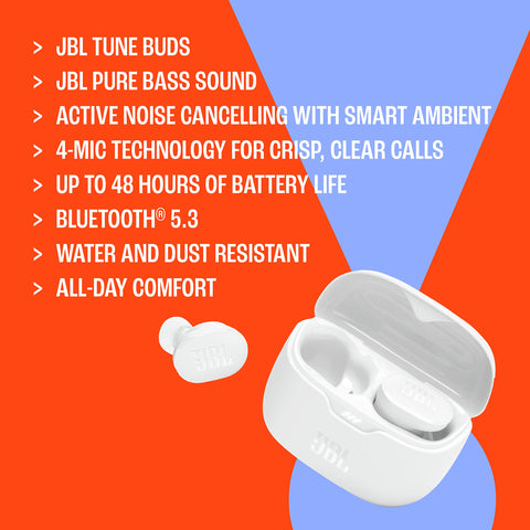 JBL Tune Buds - True wireless Noise Cancelling earbuds, JBL Pure Bass Sound, Bluetooth 5.3, 4-Mic technology for Crisp, Clear Calls, Up to 48 hours of battery life, Water and dust resistant (White)