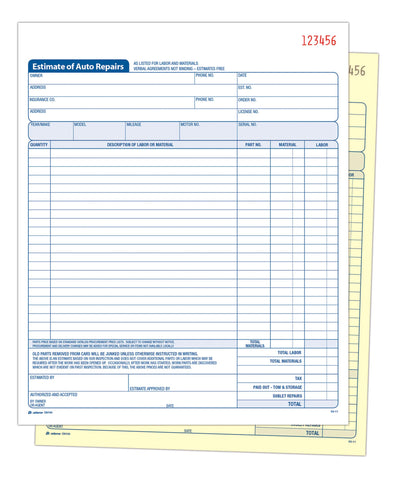 Adams Auto Repair Estimate Book, 2-Part, Carbonless, White/Canary, 8-3/8 x 10-11/16 Inches, 50 Sets per Book (D8104)