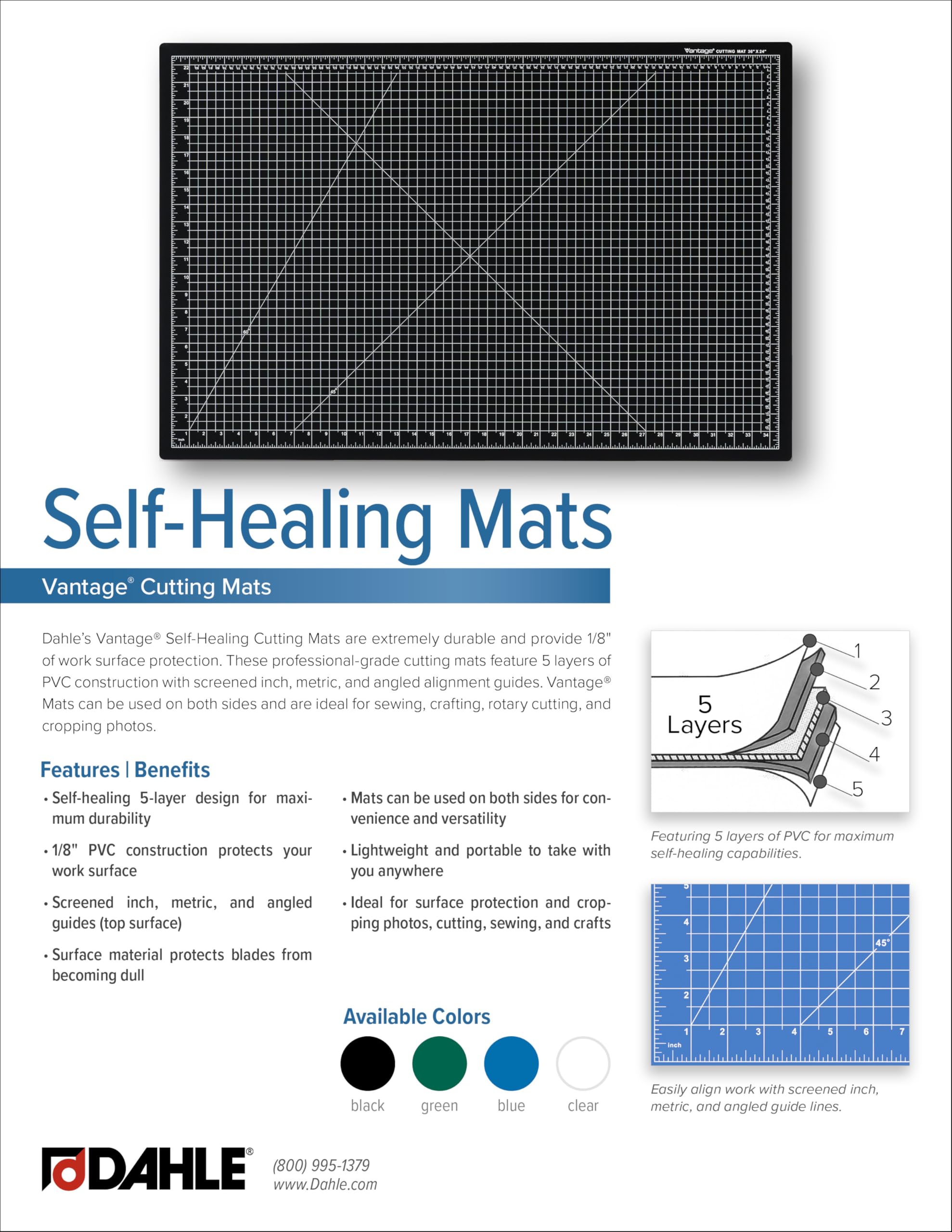 Dahle Vantage 10691 Premium Self-Healing Cutting Mat, 12"x18", 1/2" Grid, 5 Layers for Max Healing, Perfect for Crafts & Sewing, Blue