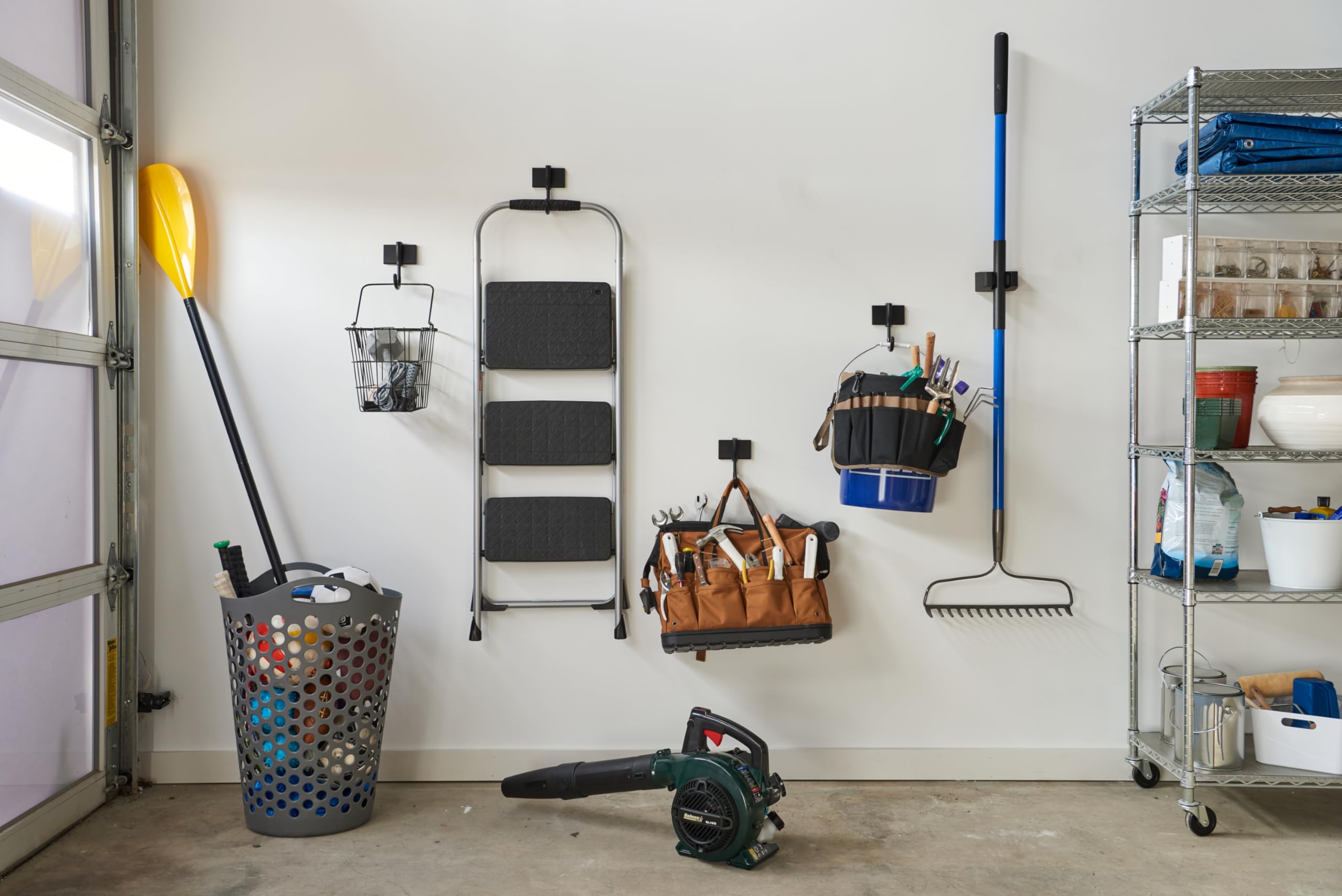 Duck EasyMounts Garage Organization Kit - 2 Heavy Duty Hooks and 1 Mop & Broom Holder - Wall Mount Hanging Storage - No Tool Drywall Install - Black, Includes All Hanging Hardware