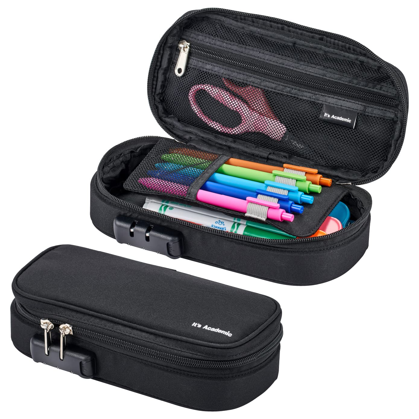 It's Academic Locking Pencil Case, for Office & School Supplies, Travel Organizer Bag, Compact, High Capacity, Light Weight, Black