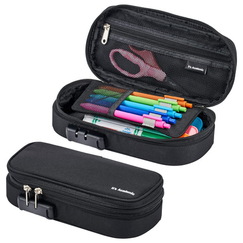 It's Academic Locking Pencil Case, for Office & School Supplies, Travel Organizer Bag, Compact, High Capacity, Light Weight, Black