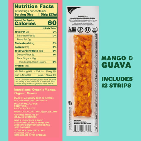 SOLELY - Organic Mango Guava Fruit Jerky - 12 Individually Wrapped Strips (12-Pack) - Fruit Leather Made from Dried Fruit - Healthy Snacks for Adults & Kids - Non GMO, Vegan Snacks - 0.8oz (23g)
