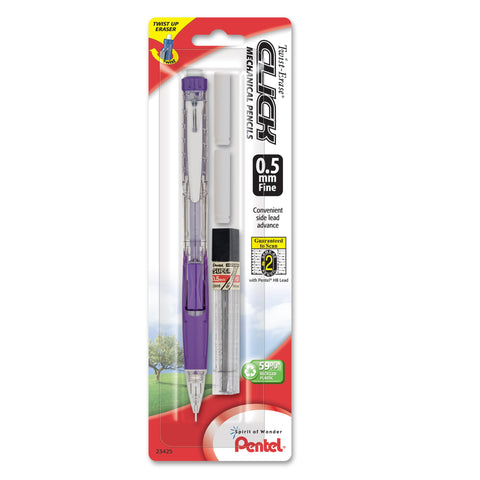 Pentel Twist Erase CLICK Automatic Pencil with 2 Eraser Refills and Lead, 0.5mm, Assorted Barrels, Color May Vary, 1 Pack (PD275TLEBP), Assorted Colors