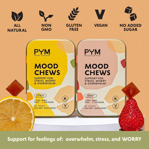 PYM Citrus Mood Chews Support for Stress, Worry & Overwhelm, 20 Count | 130mg GABA, 90mg L-Theanine | Vegan, Non-GMO, Gluten-Free, No Added Sugar | All-Natural Mood Support Supplement Made in USA