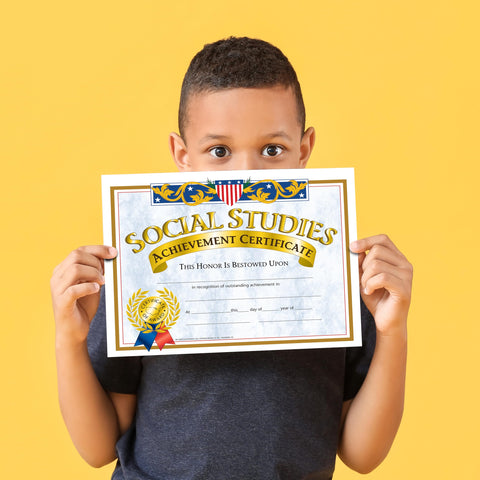 Hayes Social Studies Achievement Certificates, Gold-Bordered Awards with Light Blue Marbled Design, Customizable Award for Students, Full-Color Glossy Design, 8.5" x 11" - 30 Pack
