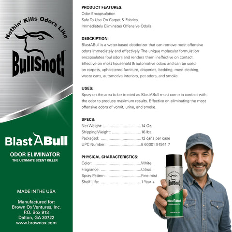 BullSnot BlastABull Odor Eliminator – Powerful Car & Home Smell Neutralizer. Eliminates Pet, Food, Tobacco, and Mold Odors. Safe for Carpets, Upholstery, Fabrics. Made in the USA.