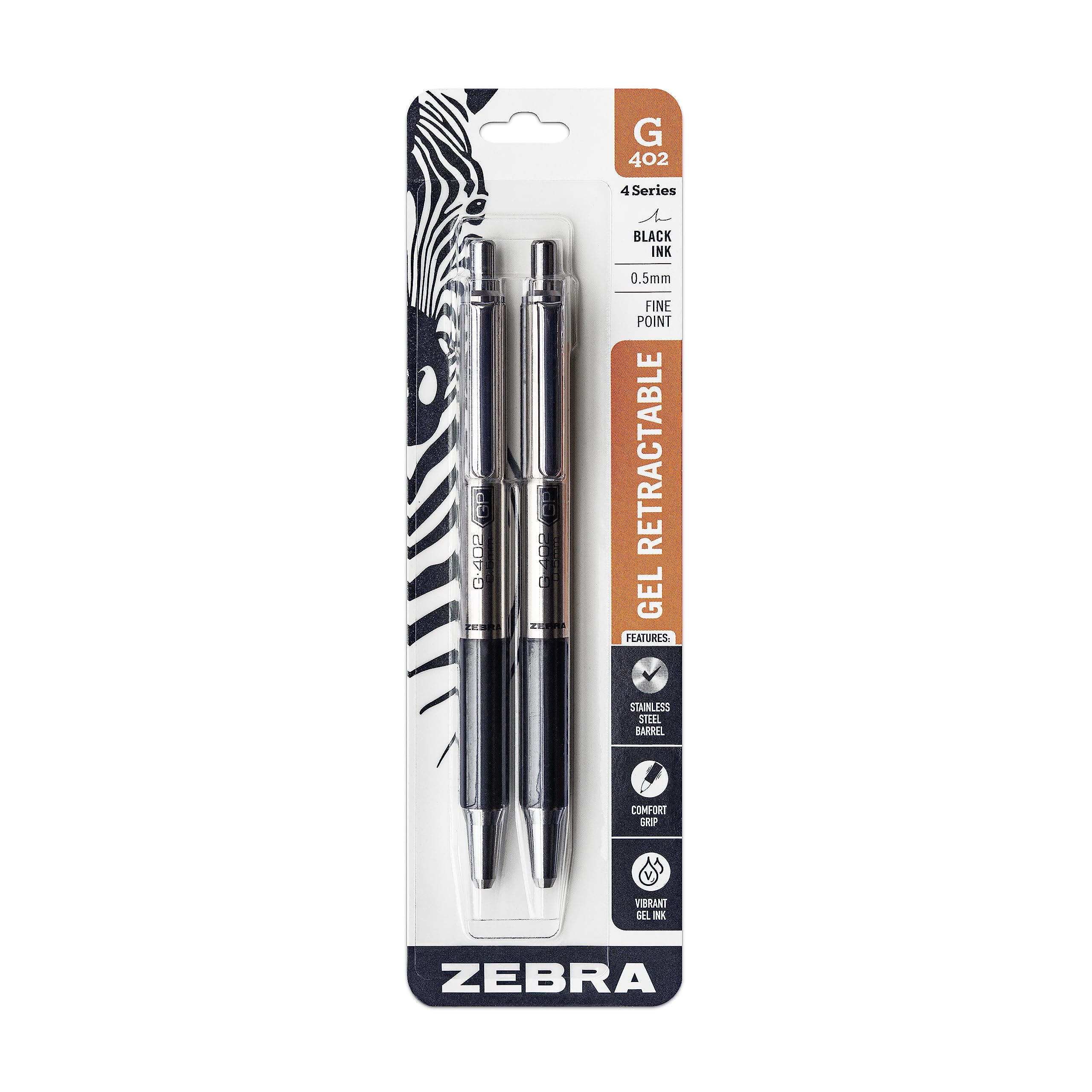 Zebra Pen - STEEL G-402 Retractable Gel Pens - 0.5mm Fine Point - Smooth Black Ink - Rapid Dry Ink for No Smears or Smudges - Refillable Stainless Steel Writing Pens for Office, School, 2 Pack (49212)