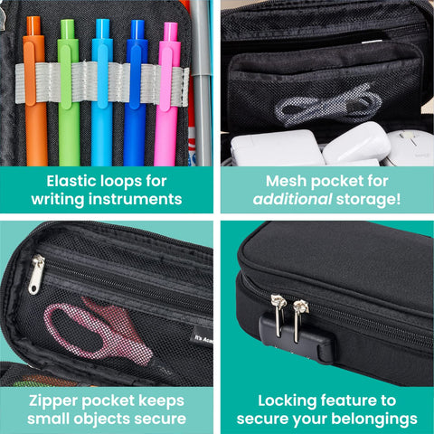 It's Academic Locking Pencil Case, for Office & School Supplies, Travel Organizer Bag, Compact, High Capacity, Light Weight, Black