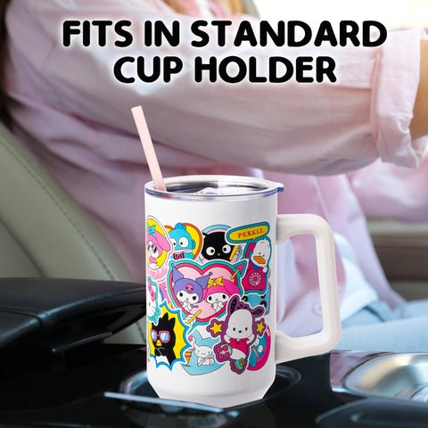 Silver Buffalo Sanrio Hello Kitty & Friends Cinnamoroll, Kuromi, Chococat, Badtz-Maru, Keroppi, Sticker Double Walled Stainless Steel Tumbler w Handle and Straw, Fits in Standard Cup Holder, 40 Ounces