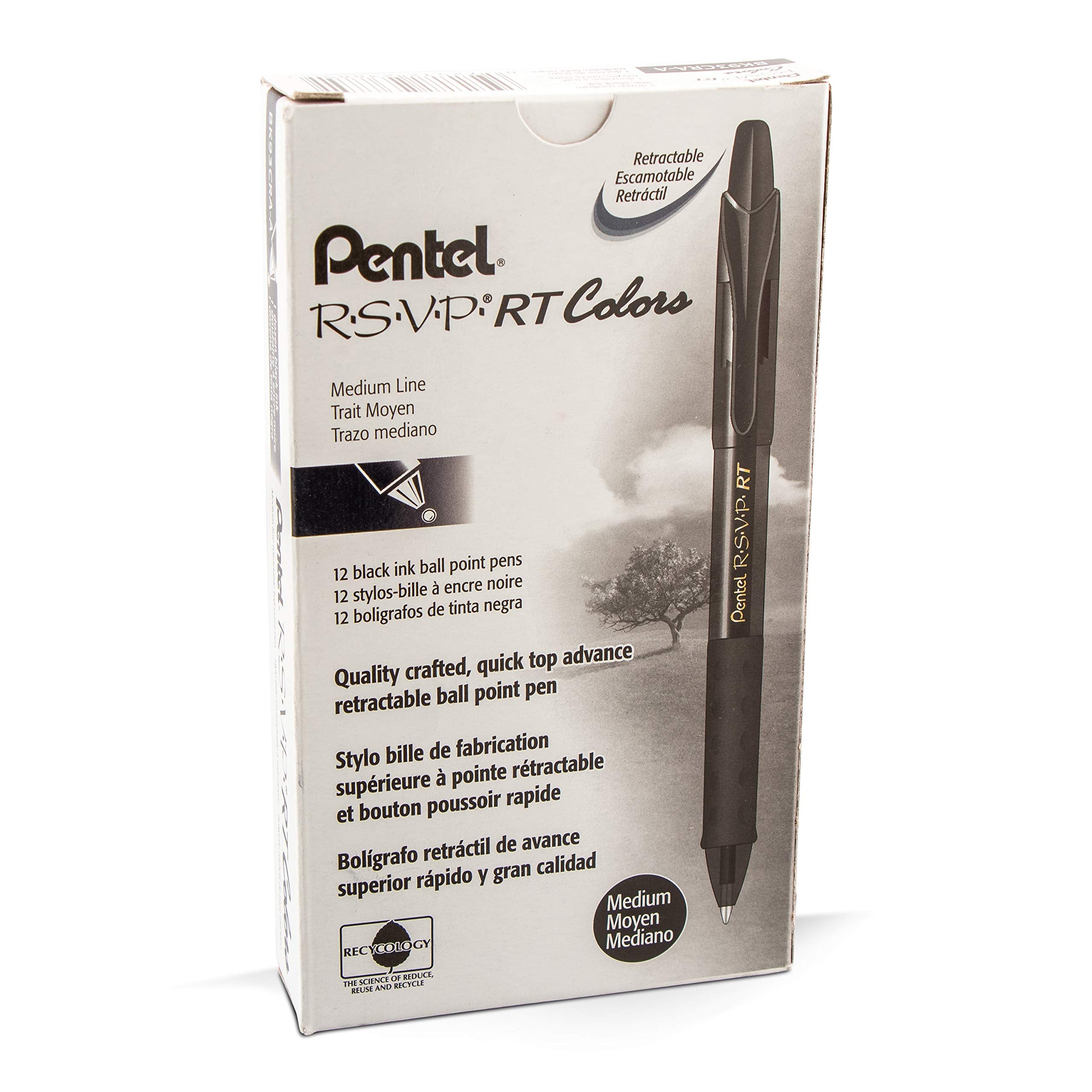 Pentel RSVP RT COLORS Retractable Ball Point Pen, Medium Line, Black Barrel, Black Ink, Box of 12 (BK93CRA-A)