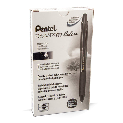 Pentel RSVP RT COLORS Retractable Ball Point Pen, Medium Line, Black Barrel, Black Ink, Box of 12 (BK93CRA-A)