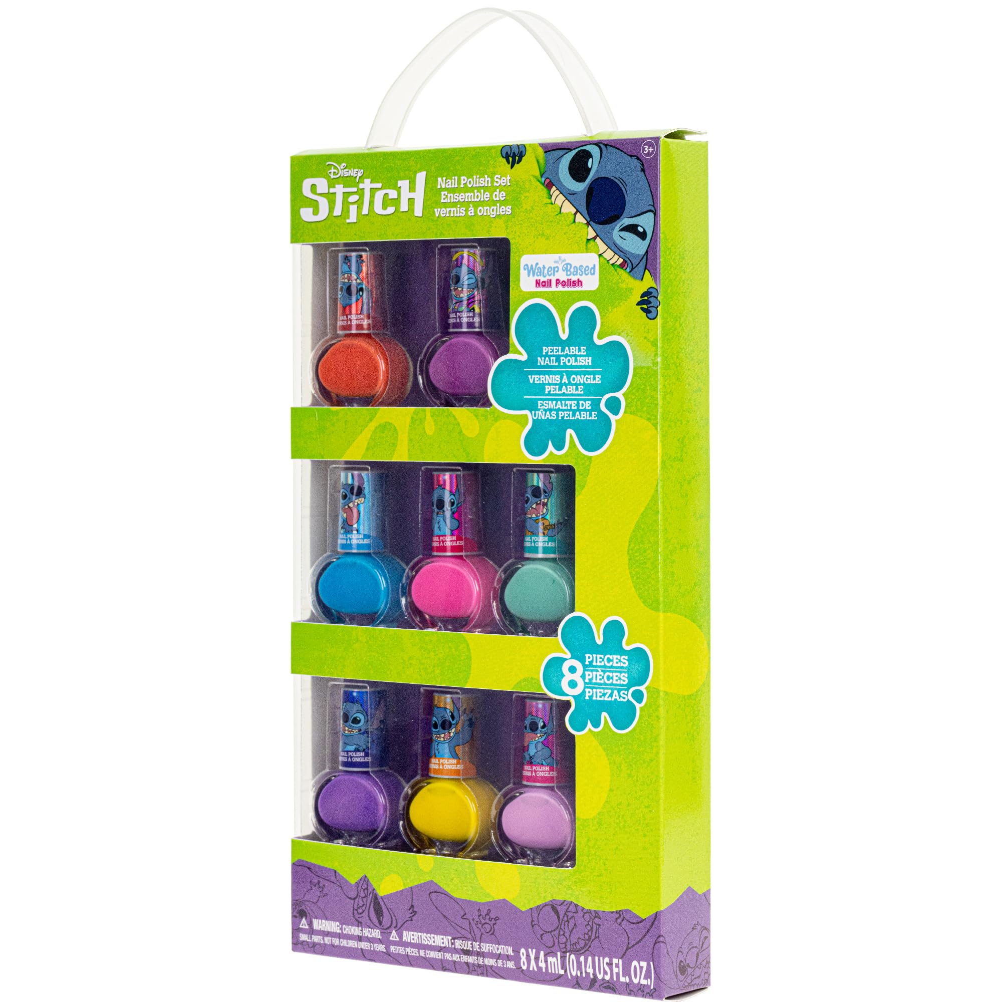 Disney Stitch Non-Toxic Peel-Off Water-Based Safe Quick Dry Nail Polish |Gift Kit Set for Kids Tweens Girls, Shimmer and Opaque Colors| Ages 3+ (8 Pcs)