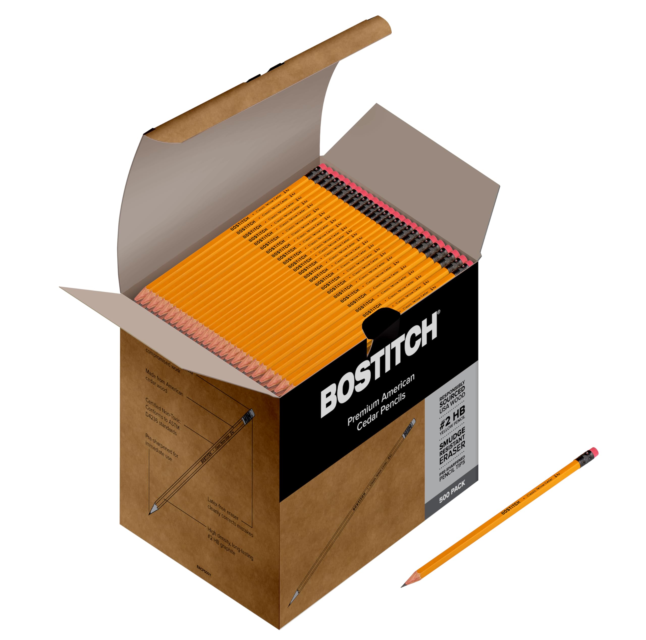 Bostitch Office Premium #2 Pencils, American Cedar Wood, Pre-Sharpened, HB Graphite, 500-Pack