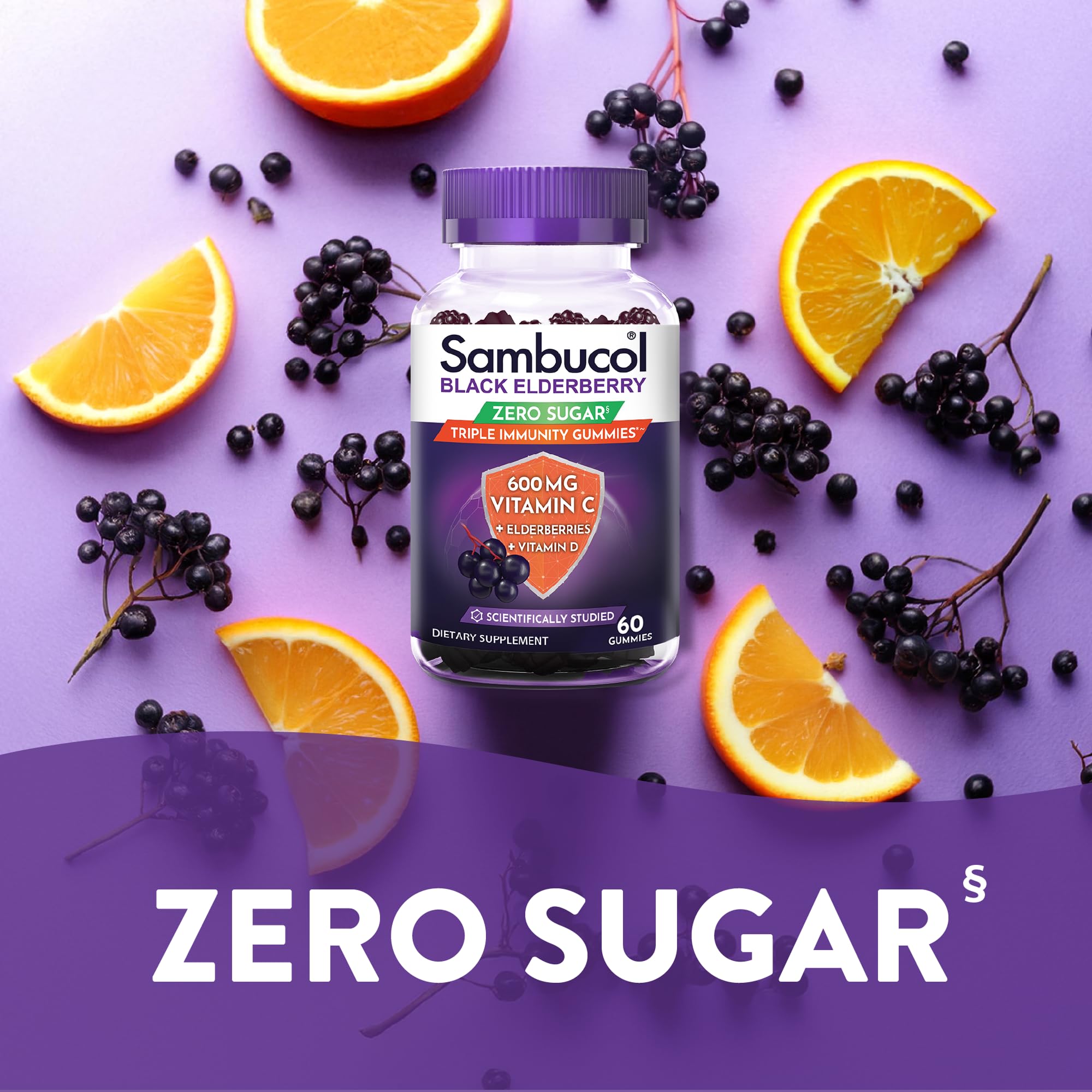 Sambucol Black Elderberry Zero Sugar Triple Immunity Gummies - Daily Vitamin C & Vitamin D, Sugar Free Black Elderberry Gummies for Adults and Kids, Chewable Berry Supplement - 60 Count