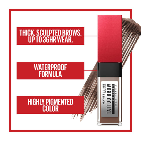 Maybelline Tattoo Studio Brow Styling Gel, Waterproof Eyebrow Make Up, Brow Tint for Up to 36HR Wear, Black Brown, 1 Count