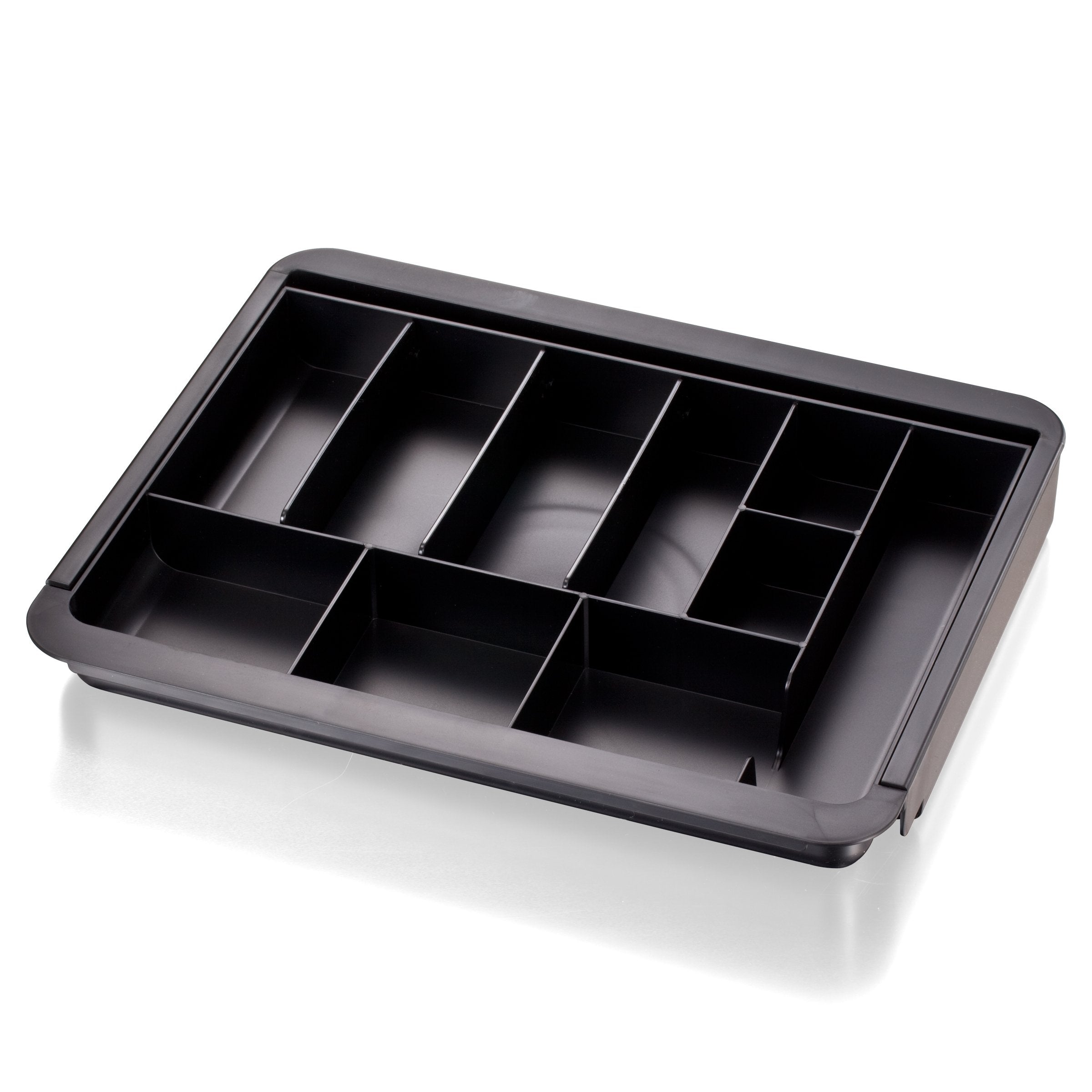 Officemate Expandable Drawer Organizer Tray, Adjustable 10.3"–16" Width, Customizable Compartments with Dividers, Recycled Plastic, Black