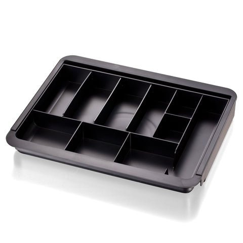 Officemate Expandable Drawer Organizer Tray, Adjustable 10.3"–16" Width, Customizable Compartments with Dividers, Recycled Plastic, Black